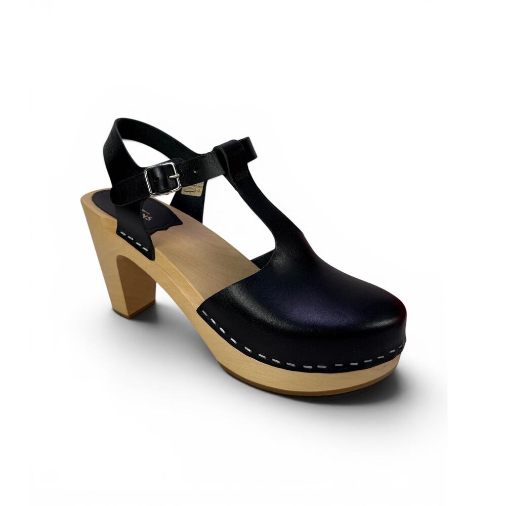 Swedish Hasbeens T Strap Sky High Clog Heel Black Womens 9 EU 39 Wooden Platform